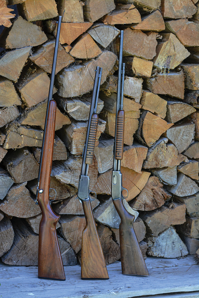 Winchester offered many 22 rimfire rifles including (left to right) the Model 67A single shot, the Model 62A pump action with hammer and the Model 61 a hammerless-pump action.